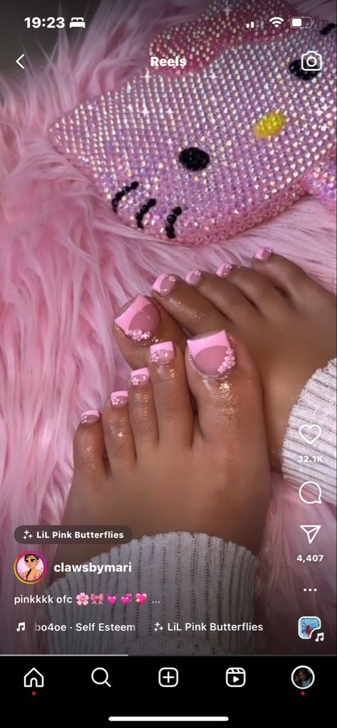 French Tips With Flowers, Pink French Tips, Pink Pedicure, Flowers Luxury, Kawaii Charms, Y2k Kawaii, Gel Toe Nails, Acrylic Toes, Acrylic Toe Nails