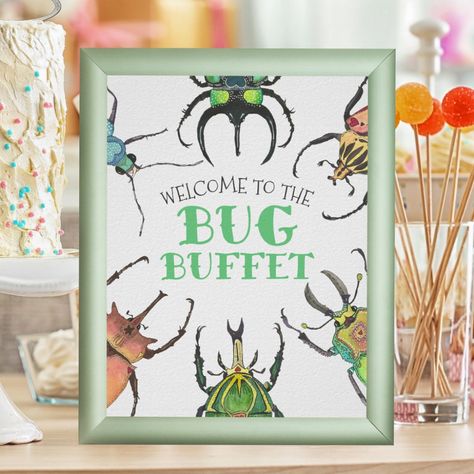 This frameable Bug Buffet party sign is super cute to stand on a food table at your bug themed party!  Set out bug themed snacks for kids to munch on. Ideas for snacks include Ants on a Log (celelery, pb, and raisins), Stick Bugs (pretzle sticks), Ladybug Cookies (chocolate chip), Nature Bars (granola bars), Caterpillar Puffs (cheese puffs), Dirt Cups (pudding with oreo crumble and gummy worms), and Beetle Juice (colorful juice)! Matching products and food labels are availble in my Love Bugs Bir Diy Bug Birthday Decorations, Bug Food Ideas For Kids, Bug Theme Birthday Party, Bug Birthday Party Food, Bug Themed Food, Themed Snacks For Kids, Bug Party Decorations, Love Bug Party, Buffet Food Table