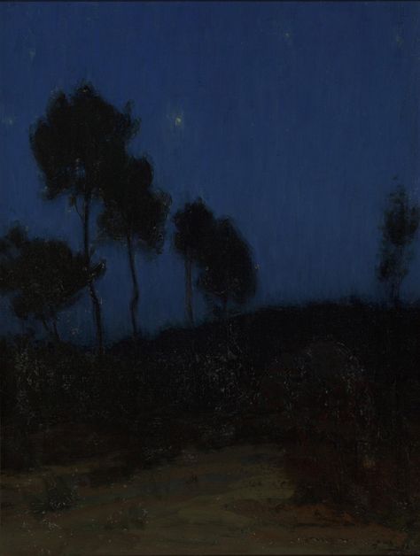 Untitled (Nocturnal Landscape), Henry Ossawa Tanner, oil on canvas, 26 1/4 x 19 3/4", Herbert F. Johnson Museum of Art, Cornell University. Nocturnal Paintings, Henry Ossawa Tanner, Dark Painting, Moonlight Painting, Brown Leaves, Cornell University, Night Landscape, Night Scene, Night Painting