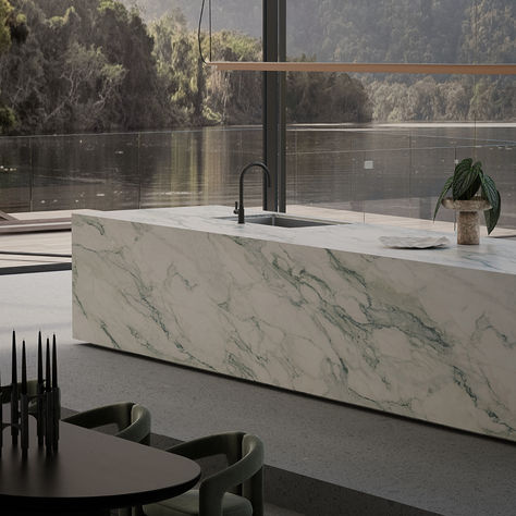 luxury kitchen benchtop White Quartz With Green Veining, White Marble With Green Veins, Calacatta Verde, Green Veins, Stone Bench, Kitchen Marble, Green Marble, White Quartz, White Kitchen