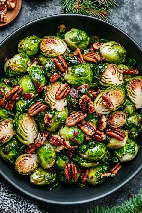 Maple Bacon Brussels Sprouts with Pecans: A Sweet, Smoky, and Nutty Side Dish - Recipes Time Bacon Pecan Brussels Sprouts, Maple Pecan Brussel Sprouts, Candied Bacon Brussel Sprouts, Brussel Sprout Recipes With Bacon Maple, Brussel Sprouts With Pecans, Crockpot Brussel Sprouts, Brussel Sprout Recipes With Bacon, Brussels Sprouts With Pecans, Roasted Brussel Sprouts With Bacon