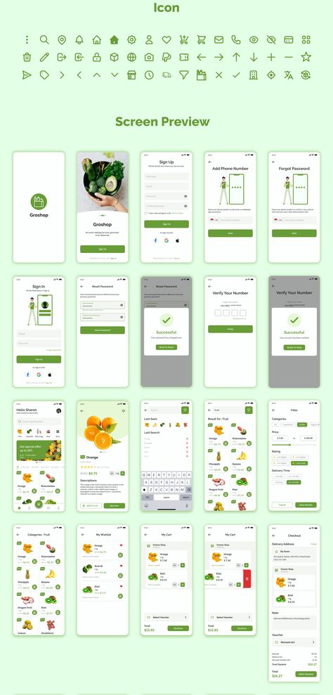 Groshop - Grocery App UI Kit — UI Kits on UI8 Grocery App Design, Grocery App Ui Design, Supermarket App, Ios App Ui, Desain Ux, Vectors Math, Green Market, Bubble Letter Fonts, Font Bubble