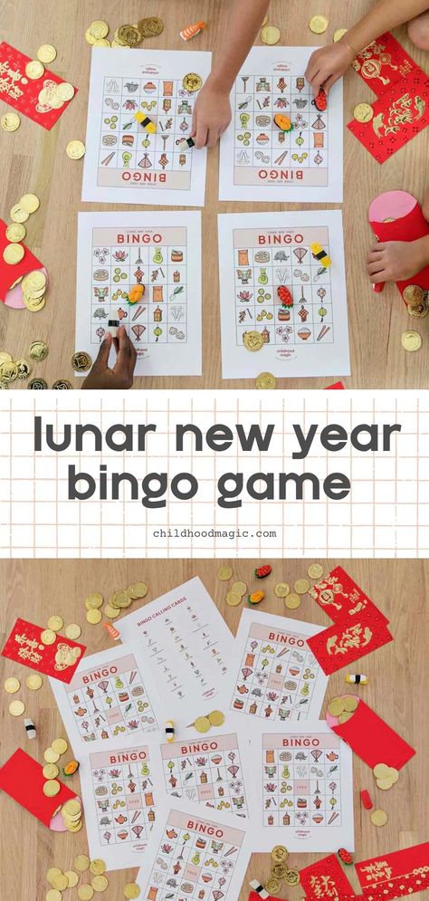 Lunar New Year Bingo - Free Printable Game - Childhood Magic Lunar New Year Party Games, Lunar New Year Games For Kids, Lunar New Year Games, New Year Bingo, Year Bingo, Games For Grade 1, Chinese New Year Kids, New Year's Games, Bingo Template