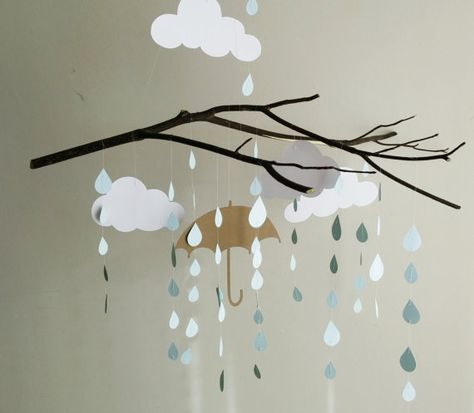 Hey, I found this really awesome Etsy listing at https://www.etsy.com/listing/222712221/rain-drop-mobile-baby-mobile-light-blue Branch Mobile, Mobiles For Kids, Cute Umbrellas, Cloud Mobile, Rain Clouds, White Clouds, Sky Art, Baby Shower Theme, Future Baby