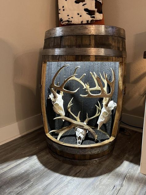 Whiskey Barrel Pedestal Deer Mount, Whiskey Barrel Deer Mount, Euro Deer Mount Ideas, European Mount Decor, European Deer Mount Ideas, Skull Mount Ideas, European Mount Ideas, Hunting Room Design, Hunting Mounts