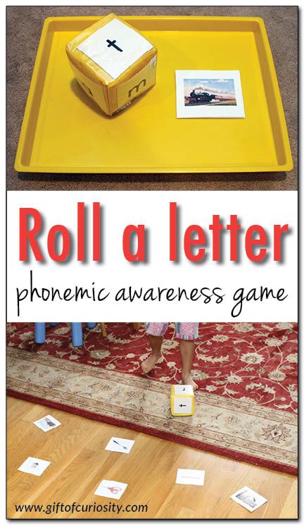 Roll a letter phonemic awareness game {101 ways to teach the alphabet} - a simple game for helping kids learn the sounds letters make and recognize the first sounds of words || Gift of Curiosity Letter Sound Sensory Activities, A Sound Words With Pictures, Kindergarten Phonemic Awareness, Sounds Write, Phonics Preschool, Phonological Awareness Games, Letter Sound Games, Phonemic Awareness Games, Teach The Alphabet