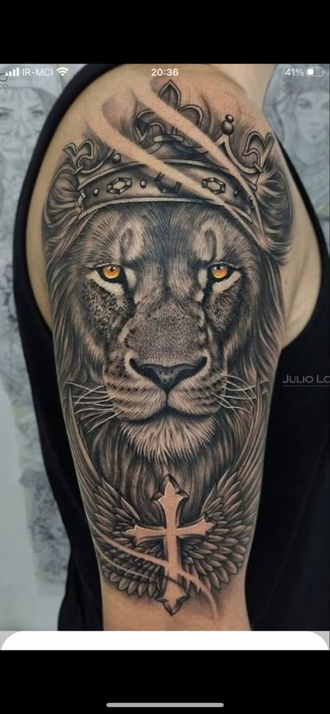 Lion Arm Tattoo, Lion Shoulder Tattoo, Cat Portrait Tattoos, Lion Forearm Tattoos, Lion King Tattoo, Heaven Tattoos, Lion Tattoo Sleeves, Mens Lion Tattoo, Lion Tattoos