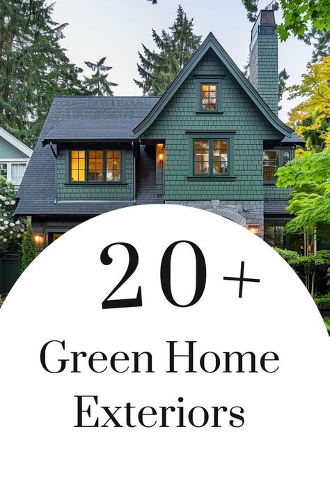 Cozy cottage green home exterior with charming details and lush surroundings. Exterior House Sage Green, White And Green Exterior House Colors, Dark Green Exterior With White Trim, Dark Green House Colors Exterior, Shutter Colors For Green House, Grey And Green Exterior House Colors, Dark Green And Copper Exterior, Khaki Green House Exterior, Red Brick With Green Siding