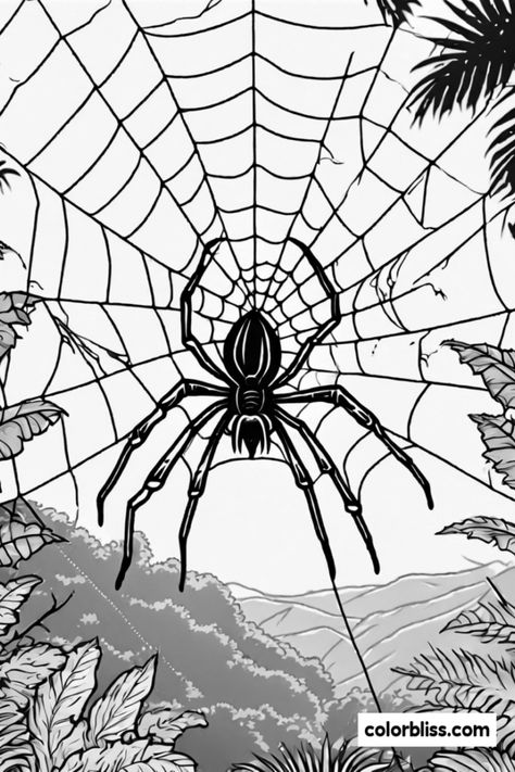 Get ready for some fun with this free printable coloring page featuring a cool spider right in its artistic web! This classic jungle scene is not only engaging but also a fantastic way for kids to explore their creativity. Color in the detailed plants and trees around the spider, making it a perfect art project for a lazy afternoon. Whether you're a parent looking for engaging activities or a teacher searching for classroom fun, this jungle spider coloring page is a great choice. Enjoy hours of coloring with friends and family! Spider Coloring Page, Lush Plants, Jungle Scene, Giant Spider, Unique Coloring Pages, Jungle Adventure, Colouring Techniques, Classroom Fun, The Spider