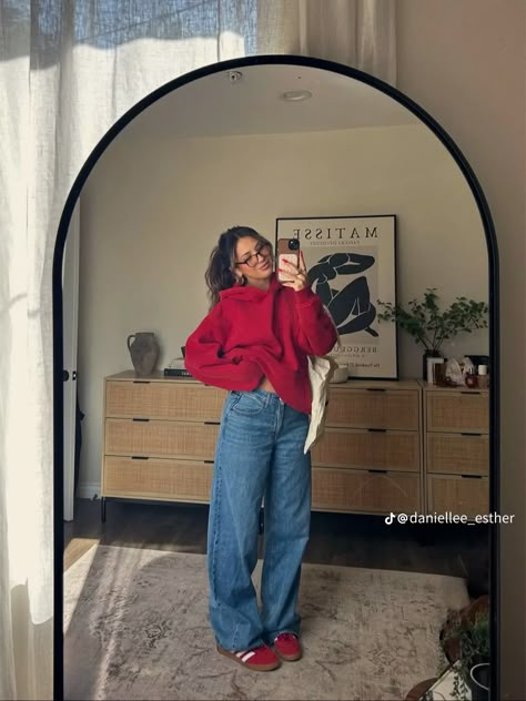 Red Boots Work Outfit, Cute Comfy Valentines Outfit, Maroon New Balance Outfit, Outfits With Red Adidas, Saturday Day Drinking Outfit Winter, Comfy Valentines Day Outfit Casual, Cozy Valentines Day Outfit, Outfits With Red Leggings, Red Samba Outfit