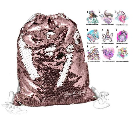 Sequin Drawstring Backpack- Personalized Mermaid, Unicorn and Fairy's options or customized your own. Large Drawstring Bag, Cinch Sack, Sequin Backpack, Backpack Organization, Glitter Bag, Bag Names, Sequin Bag, Backpack Pattern, Personalized Backpack