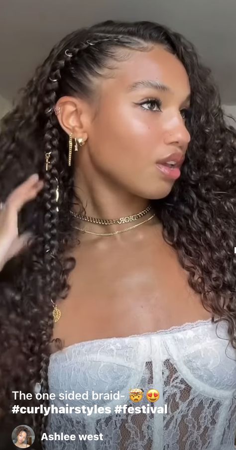 Side Braids Curly Hair, Streetwear Hairstyles Curly, Partially Braided Hairstyles, Festival Curly Hair, Curly Hairstyles With Hair Jewelry, Side Braid Curly Hair, Curly Hair With Braids On The Side, Curly Hairstyles With Gold Cuffs, Short Curly Hair Prom Styles