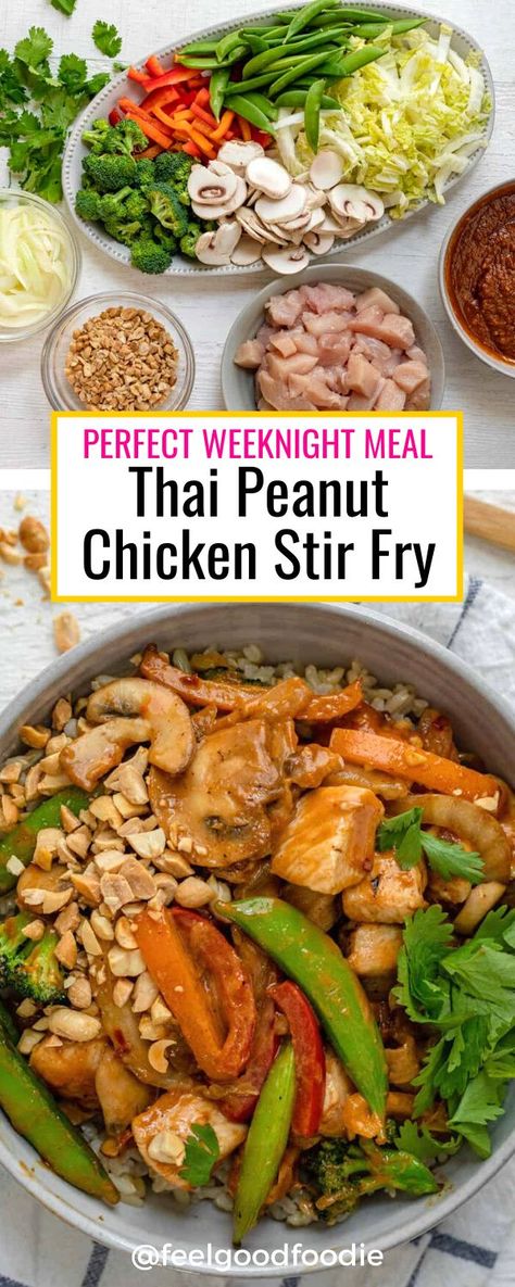 Delicious Thai peanut chicken stir fry is ready to serve in minutes. Full of sweet, salty and spicy flavors, it's a perfect weeknight meal. Thai Peanut Chicken And Veggies, Best Chicken Stir Fry With Vegetables, Healthy Chicken Thai Recipes, Peanut Satay Chicken Stir Fry, Thai Peanut Stir Fry Sauce, Thai Chili Stir Fry, Chicken Stir Fry Bowl, Tai Peanut Chicken, Peanut Stir Fry Recipes