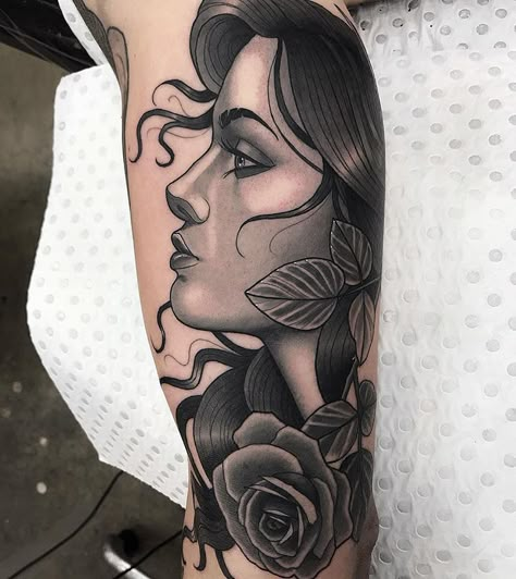 Neotraditional Woman Tattoo, Neotraditional Portrait, Portrait Tattoo Ideas, Tattoo Artist Quotes, Tattoo Ideas For Females, Tattoo Animals, Neo Tattoo, Famous Tattoo Artists, Girl Face Tattoo