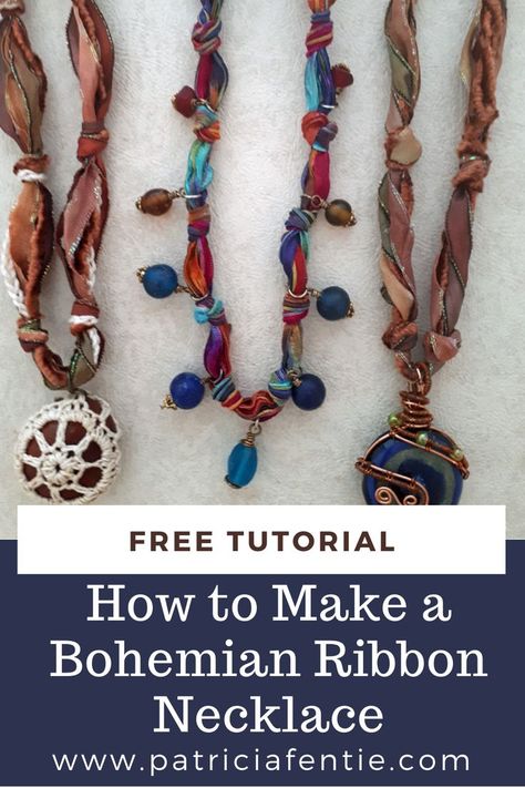 Learn how to make your own funky Boho Ribbon Necklace. This technique can be used to make all sorts of designs of Bohemian Style Ribbon Necklaces. The tutorial will give you some ideas on how you can create designs that are unique to you! This video tutorial is a step-by-step teaching and there is a link to a blog post below the video that provides even more information. Check it out! Boho Necklace Diy, Bohemian Jewelry Diy, Sari Ribbon Jewelry, Fabric Bracelets Diy, Boho Ribbon, Diy Necklaces Tutorial, Boho Jewelry Diy, Leather Jewelry Making, Boho Style Necklaces