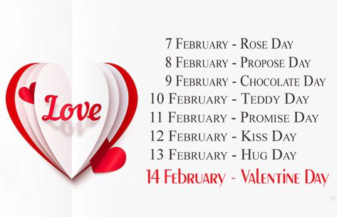 A complete list of Valentine Week Days, Schedule chart time table Image. #valentineweek #valentinesday #7feb #14thfeb #7to14feb #rose #days #loveweek Valentines Day Chart, 7 February Rose Day, Happy Rose Day My Love, List Of Valentine Week, Flirting Day, Happy Valentines Day Sms, Valentine Day Week List, February Special Days, Rose Day Pic