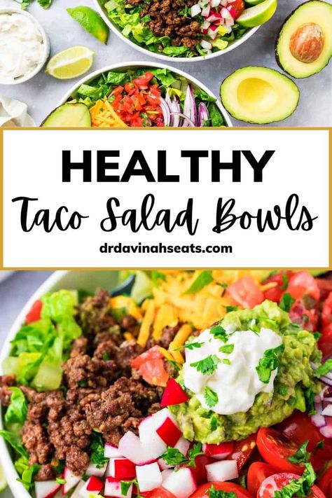 This Taco Salad Bowl is an easy, low-carb option for enjoying a healthy taco salad at home. Here, you'll learn how to make popular keto taco salad ingredients like taco meat, guacamole, Pico De Gallo salsa & homemade taco seasoning. Plus, I'll give tips on how to make a Taco Bell taco salad with a healthier substitute for Doritos. Taco Bell Taco Salad, Ground Turkey Taco Meat, Taco Bell Taco, Homemade Ground Beef, Healthy Taco Salad, Low Carb Taco Salad, Salsa Homemade, Taco Salad Ingredients, Salad Bowl Recipes