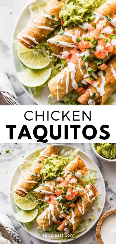 These chicken taquitos are stuffed with seasoned shredded chicken and cheese, and then baked or fried until crispy, crunchy and golden brown. Serve with shredded lettuce and your favorite Mexican toppings for an easy dinner recipe ready in only 30 minutes! #taquitos #mexicanfood #chicken Light Mexican Recipes, Fancy Mexican Food, Easy Chicken Taquitos, Chicken Taquitos Baked, Taquitos Baked, Mexican Toppings, Seasoned Shredded Chicken, Isabel Eats, Taquitos Recipe