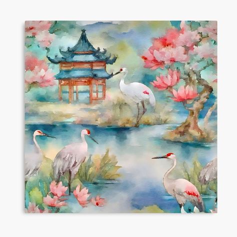 Get my art printed on awesome products. Support me at Redbubble #RBandME: https://www.redbubble.com/i/canvas-print/Cranes-in-chinoiserie-landscape-watercolor-painting-by-SophieClimaArt/155006776.5Y5V7?asc=u Chinoiserie Garden, Landscape Watercolor, Painting Canvas, Water Lilies, Featured Art, Watercolor Landscape, Chinoiserie, Print Images, Watercolor Painting