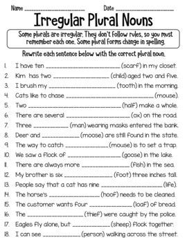 Irregular Plural Nouns Worksheet, Irregular Nouns, Plurals Worksheets, Plural Nouns Worksheet, Irregular Plural Nouns, Singular And Plural Nouns, Irregular Plurals, Nouns Worksheet, Work Sheet