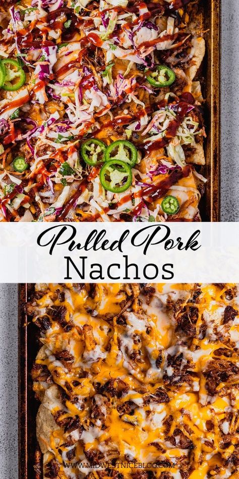 These BBQ Pulled Pork Nachos are a great one pan meal! Loaded with melty cheesy, pulled pork, and a tangy coleslaw they're a delicious dinner! Pork Sheet Pan, Cilantro Lime Coleslaw, Pulled Pork Nachos Recipe, Pork Nachos Recipe, Lime Coleslaw, Tangy Coleslaw, Baked Nachos, Pulled Pork Nachos, Nachos Recipe Easy