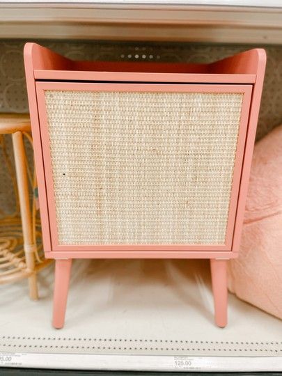 Pink wood and rattan side table at target. Pillow fort line Target Pillow, Pink Bedside Table, Rattan Wood, Rattan Side Table, Cane Furniture, Pillow Fort, Target Finds, Bedside Cabinet, Bedside Table