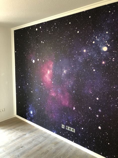 Galaxy Themed Room Wallpaper, Painting A Galaxy Wall, Galaxy Wallpaper Room, Galaxy Painting On Wall, Galaxy Painted Wall, Galaxy Wall Paint Diy Bedroom, Galaxy Wallpaper Bedroom, Galaxy Accent Wall, Galaxy Mural Diy