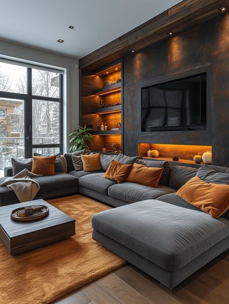 Tv Rooms With Sectionals, Masculine Couch, Black Media Wall, Black And Orange Living Room, Tv Media Wall Ideas, Dark Sofa Living Room, Orange Accent Wall, Multipurpose Living Room, Warm Apartment