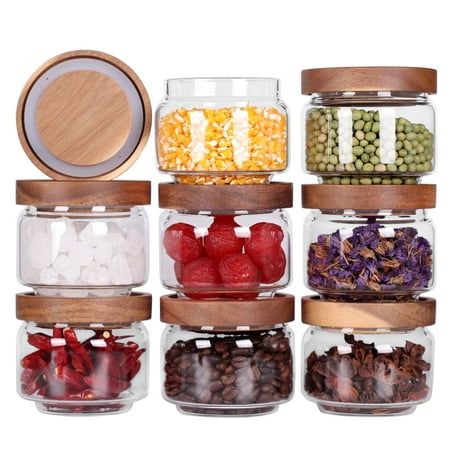 Glass canisters are made of food-grade high borosilicate glass, nontoxic, lead-free and food-safe. Wood lids are made of premium genuine acacia wood, with silicone sealing ring, food-safe and stylish, featuring one-of-a-kind. With perfect air-tight silicone sealing ring, no food odor mixed anymore. The lid is made by a complete piece of acacia with no spliced. Polished into a sealed lid for food storage Jars. Each acacia wood lid owns a unique texture by nature. Keep food away from glue and bact Spice Containers Ideas, Spice Organizers, Spice Jar Set, Glass Spice Jars, Butlers Pantry, Pantry Ideas, Gadgets Kitchen Cooking, Kitchen Containers, Spice Containers