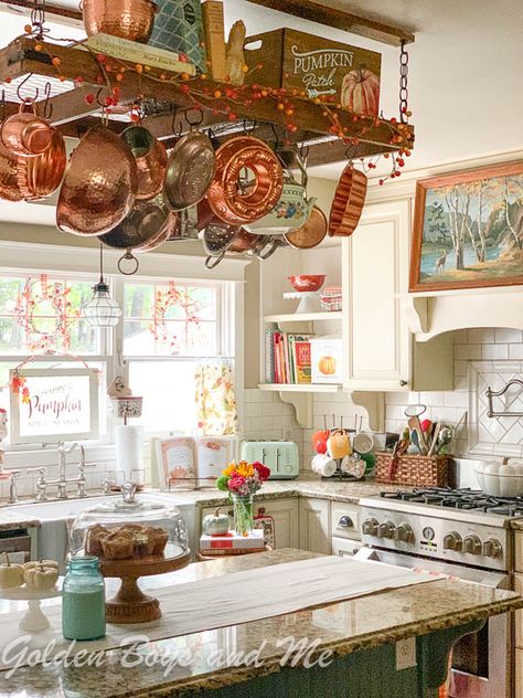 Cottage style kitchen with pot rack and farmhouse sink - www.goldenboysandme.com Modern Farmhouse Kitchen Decor Ideas, Organization Ideas Closet, Pot Rack Kitchen, Organizing Closet, Farmhouse Kitchen Decor Ideas, Modern Farmhouse Kitchen Decor, Pot Rack Hanging, Fall Kitchen Decor, Pot Hanger