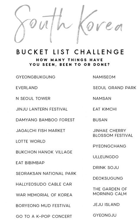 Seoul Checklist, Korea Bucket List, Bucket List Challenge, Seoul Travel Guide, Seoul Travel, Travel Bucket Lists, Korea Trip, Travel Infographic, Holiday Travel Destinations