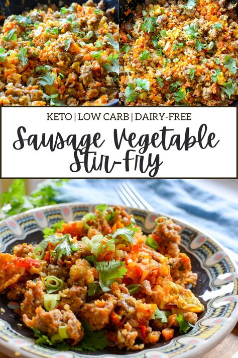 This Keto Sausage Vegetable Stir-Fry is a super simple weeknight dinner that's low carb, nutritious, and tasty. #ketostirfry #ketodinnerrecipes #ketodinner #ketosausage #lowcarbrecipes #stirfry #paleodinner Stir Fry Keto, Sausage Stir Fry, Keto Stir Fry, Keto Sausage, Dairy Free Low Carb, Best Paleo Recipes, Healthy Weeknight Dinners, Spicy Sausage, Keto Paleo