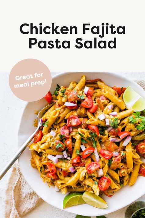 This chicken fajita pasta salad is packed with flavorful sautéed veggies, fresh tomatoes and shredded chicken all tossed in a cilantro lime dressing. Perfect for meal prep or as a side for summer parties. Fajita Pasta Salad, Healthy Bean Dip, Ww Pasta, Fajita Pasta, Sautéed Veggies, Chicken Fajita Pasta, Cilantro Lime Dressing, Chicken Fajita, Summer Dishes