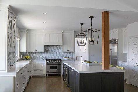 Island With Post, Kitchen Island With Post, Post In Kitchen, Fixer Upper Kitchen, Unique Kitchen Design, Kitchen Peninsula, Kitchen Post, Farmhouse Kitchen Island, Small Space Kitchen