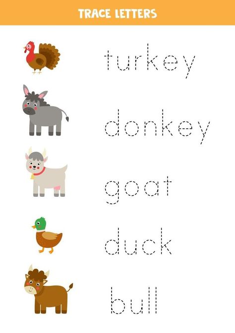 Tracing letters with cute farm animals. Writing practice. Tracing Names, Cute Vegetables, English Preschool, Animal Writing, Trace Letters, Cute Farm Animals, Abc Worksheets, Play Poster, Name Tracing