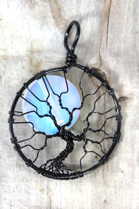 This Celestial Jewelry, Halloween inspired Full Moon Tree of Life Pendant features a beautiful Opalite Rainbow Moonstone moon peeking out between wire wrapped bare tree branches.  The Tree of Life is a concept thats been featured in myth, story and legend literally all around the world. Since Wire Tree Necklace, Moon Tree Of Life, Sea Opal, Moon Tree, Lunar Moon, Bodhi Tree, Bijoux Fil Aluminium, Moon Eclipse, Bare Tree