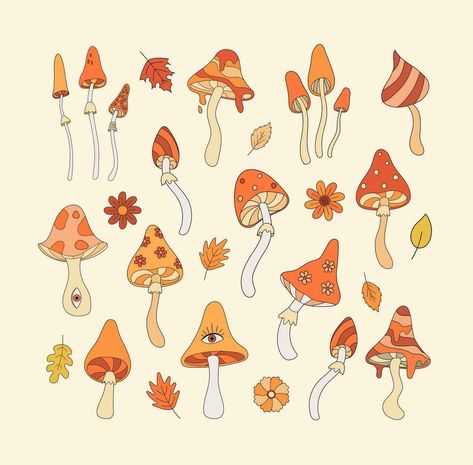 Boho Drawing, Fall Clip Art, Mushroom Paint, Boho Elements, Mushroom Drawing, Autumn Illustration, Flat Vector Illustration, Vintage Autumn, Halloween Vector