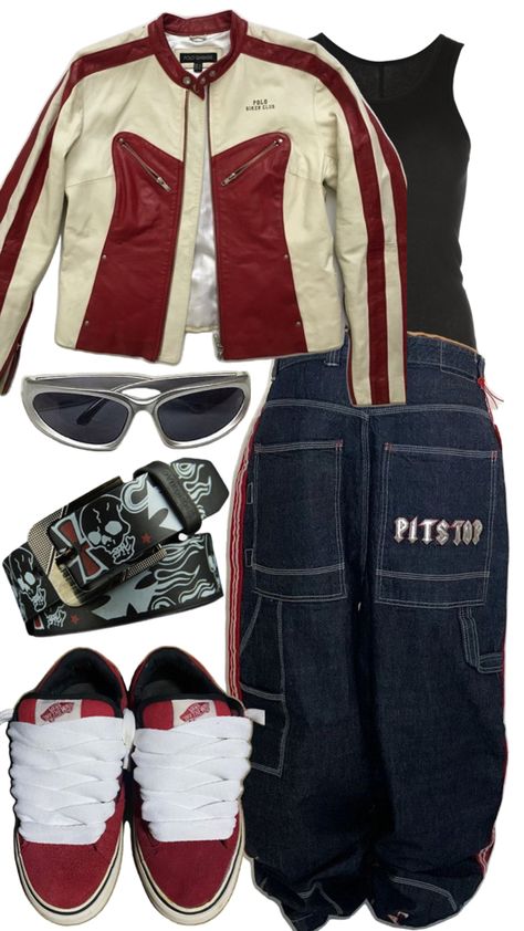 Baggy Pants Fit, Red Biker Jacket, Country Fall Outfits, Epic Clothing, Baggy Outfit Ideas, Cool Outfit Ideas, Filmy Vintage, Downtown Outfits, Cool Outfit