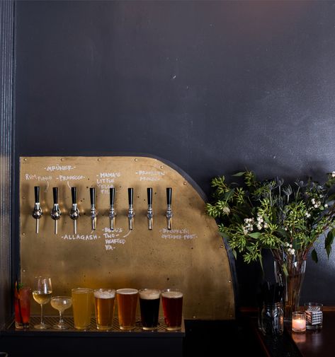 Brass drink taps + brass backsplash at the home bar + black walls + beer taps in the home + chic modern home bar | Jane Beiles Beer Design Ideas, Brass Backsplash, Beer Bar Ideas, Tea Store Design, Bar Restaurant Interior, Brewery Design, Beer Wall, Modern Home Bar, Bar Tap