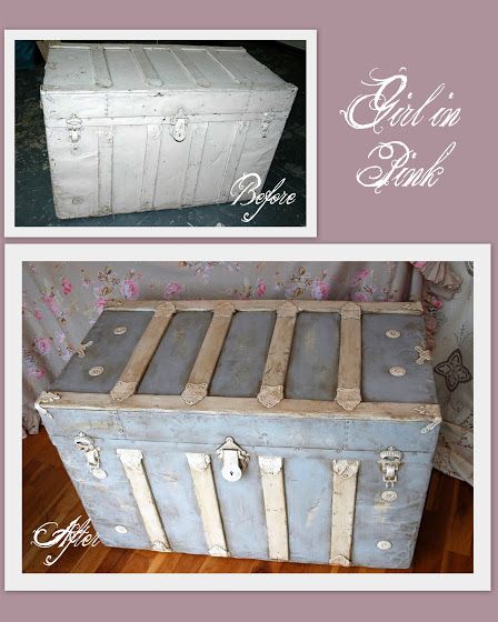 Shabby Chic Trunk, Trunk Makeover, Muebles Shabby Chic, Metal Trunks, Painted Trunk, Old Trunks, Antique Trunk, Trunks And Chests, Vintage Trunks