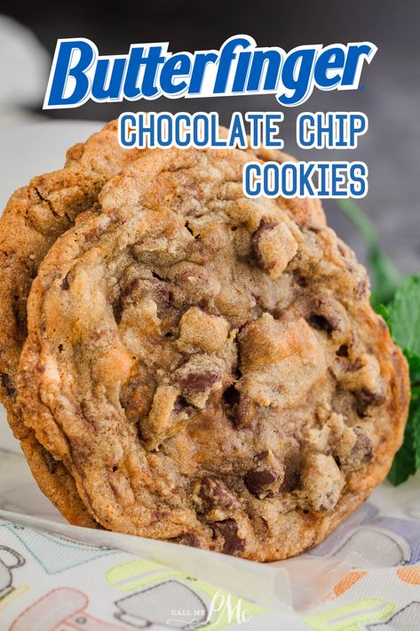 Butterfinger Chocolate Chip Cookies Butterfingers Cookies, Butterfinger Chocolate Chip Cookies, Butterfinger Pieces Recipes, Crumbl Butterfinger Cookie, Reese’s Butterfinger Cheesecake Bars, Butterfinger Cookies, Cookies Light, Butterfinger Candy, Chocolate Chip Cookies Ingredients