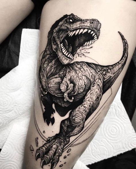 Incredible T-rex tattoo on the thigh done by @dmitriy.tkach | www.otziapp.com Velociraptor Tattoo, Jurassic Park Tattoo, T Rex Tattoo, Dinosaur Tattoo, Australian Tattoo, Gamer Tattoos, Dinosaur Tattoos, Kunst Tattoos, Tattoo Convention