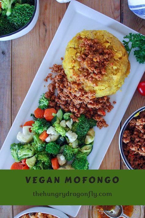 Vegetarian Mofongo Recipe, Vegan Mofongo Recipe, Vegetarian Puerto Rican Food, Vegetarian Mofongo, Vegan Puerto Rican Recipes, Vegan Mofongo, Mofongo Recipe, Green Plantains, Sautéed Veggies