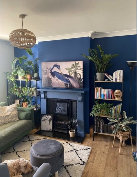 Sea Living Room Decor, Indigo Living Room, Stiffkey Blue Living Rooms, Dark Blue Maximalist Living Room, Navy Victorian Living Room, Dark Blue Snug, Blue Feature Wall Living Room, Blue Edwardian Living Room, Blue Boho Living Room