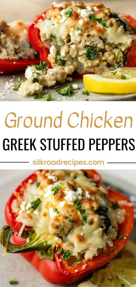 These Greek stuffed peppers have a filling of chicken, spinach, rice and cheese. Make this recipe for dinner tonight or freeze for later! Mediterranean cuisine relies heavily on the use of vegetables, whole grains and lean proteins. The Greek stuffed peppers are quite filling on their own, but a whole grain Mediterranean barley salad would round the meal out nicely. Greek Chicken Stuffed Peppers, Heart Healthy Stuffed Bell Peppers, Stuffed Peppers With Feta Cheese, Stuffed Bell Peppers With Feta Cheese, Medditeranean Stuffed Peppers, Mediterranean Diet Recipes Stuffed Peppers, Healthy Greek Recipes Clean Eating, Stuffed Peppers Greek Style, Mediterranean Diet Stuffed Peppers