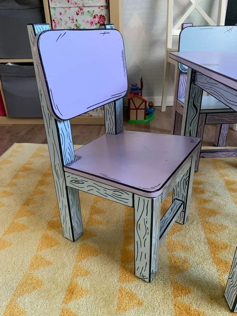 Cartoon Furniture Design, Wooden Chair Upcycle, Cartoon Painted Furniture, Funky Painted Table, Comic Furniture, Diy Maximalist, Pop Furniture, Cartoon Furniture, Painted Kids Chairs