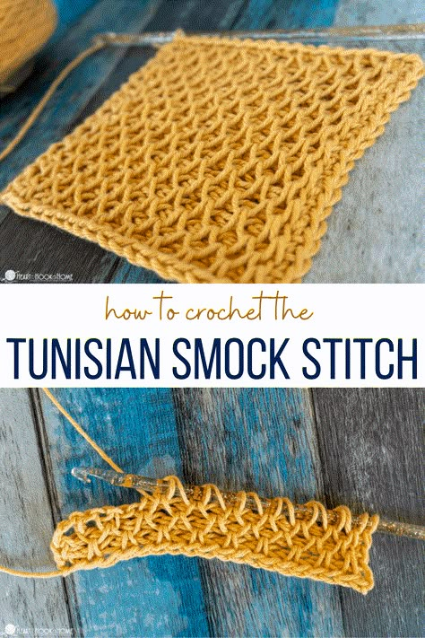 The Tunisian Smock Stitch is such a lovely crochet stitch. Great for pillows, cowls, mittens and more, let's learn this fun crochet stitch! Diy Tunisian Crochet Hook, Smock Crochet Stitch, Tunisian Shell Stitch, Tunisian Crochet Smock Stitch, Tunisian Wave Stitch, Tunisian Crochet Honeycomb Stitch, Textured Tunisian Crochet Stitches, Smock Stitch Crochet, Tunisian Honeycomb Stitch