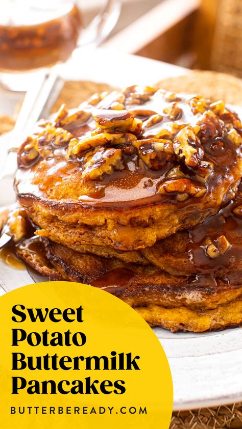 Take your breakfast game up a notch with these light and fluffy Sweet Potato Buttermilk Pancakes! Made with warm spices, sweet potato puree, and buttermilk, they make a delicious, healthy start to your day. Plus, the batter can be made ahead of time, making them the perfect option for busy mornings. Get the full recipe at butterbeready.com! Pumpkin Buttermilk Pancakes, Pumpkin Buttermilk, Easy Pumpkin Pancakes, Pecan Syrup, Butter Pecan Syrup, Sweet Potato Pancakes Recipe, Pumpkin Pancakes Easy, Pecan Pancakes, Thanksgiving Breakfast