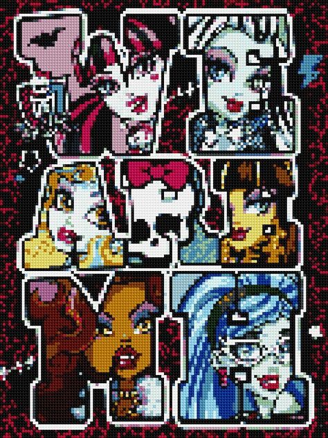 Coraline Cross Stitch Pattern, Draculaura Perler Beads, Anime Perler Bead Patterns, Monster High Perler Beads, Monster High Alpha Pattern, Gorillaz Cross Stitch, Monster High Cross Stitch, Hama Art, Easy Perler Beads Ideas