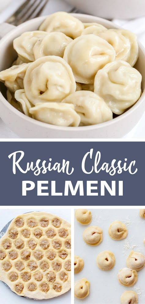 Russian classic pelmeni, dumpling filled with meat. You can make tons of these and freeze them for the future. #homemadepelmeni Russian Dumplings Recipe, Pelmeni Recipe, Russian Pelmeni, Balkan Recipes, Russian Dumplings, Lithuanian Food, Perogies Recipe, Potato Tower, Meat Dumplings